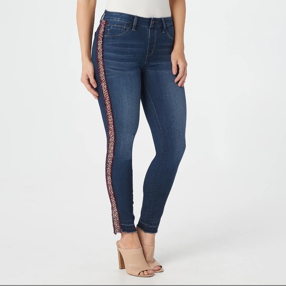 Laurie Felt ilky Sequin Stripe Ankle Skinny Jeans, Raw Hem—Size Med•••Burgundy - Picture 2 of 16